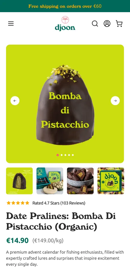 djoon: Produktseite der Dattelpraline Bomba di Pistacchio, mobil