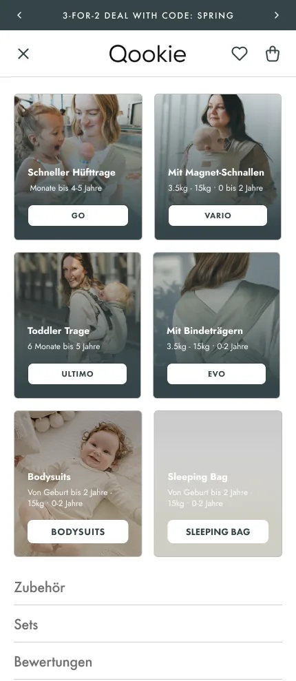 Qookie: mobiles Menü mit Bildkacheln je Trage und Alter
